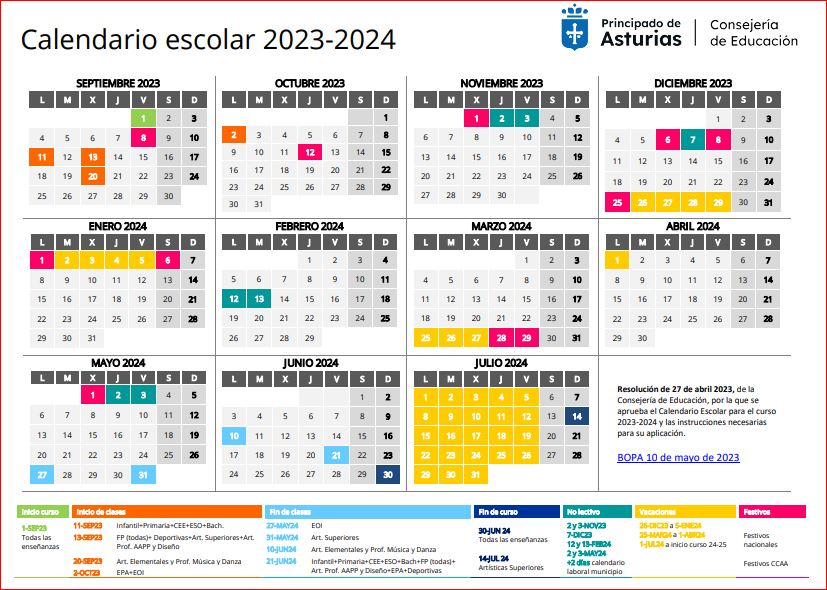 Calendario escolar Asturias 2023-2024